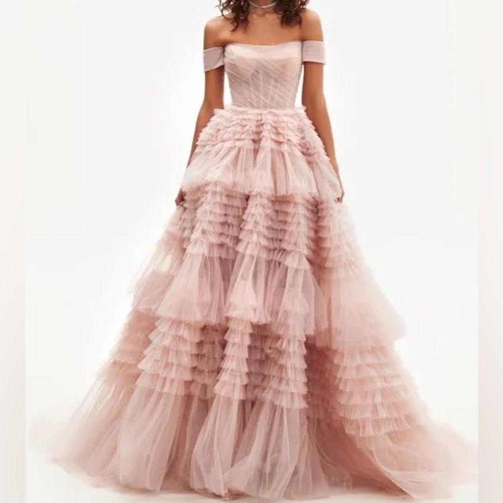 Misty Rose Off-The-Shoulder Frill-Layered Gown